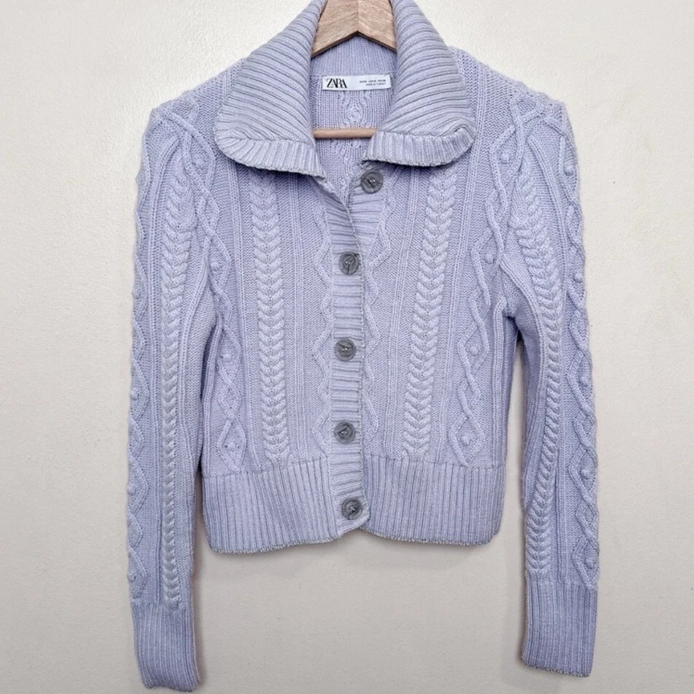 Zara Womens Medium Cable Lilac Silver Thread Cropped Cardigan - Picture 2 of 6